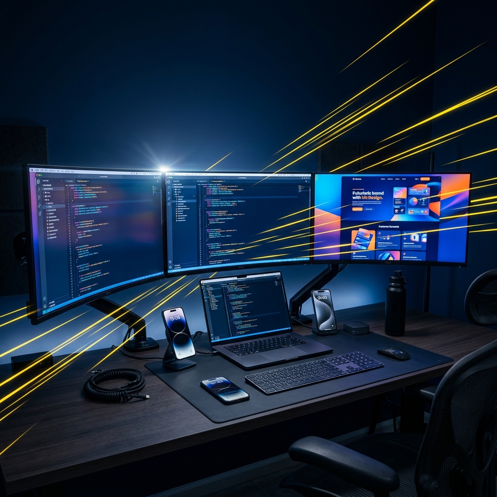 Workstation premium con múltiples pantallas mostrando código y diseños web modernos