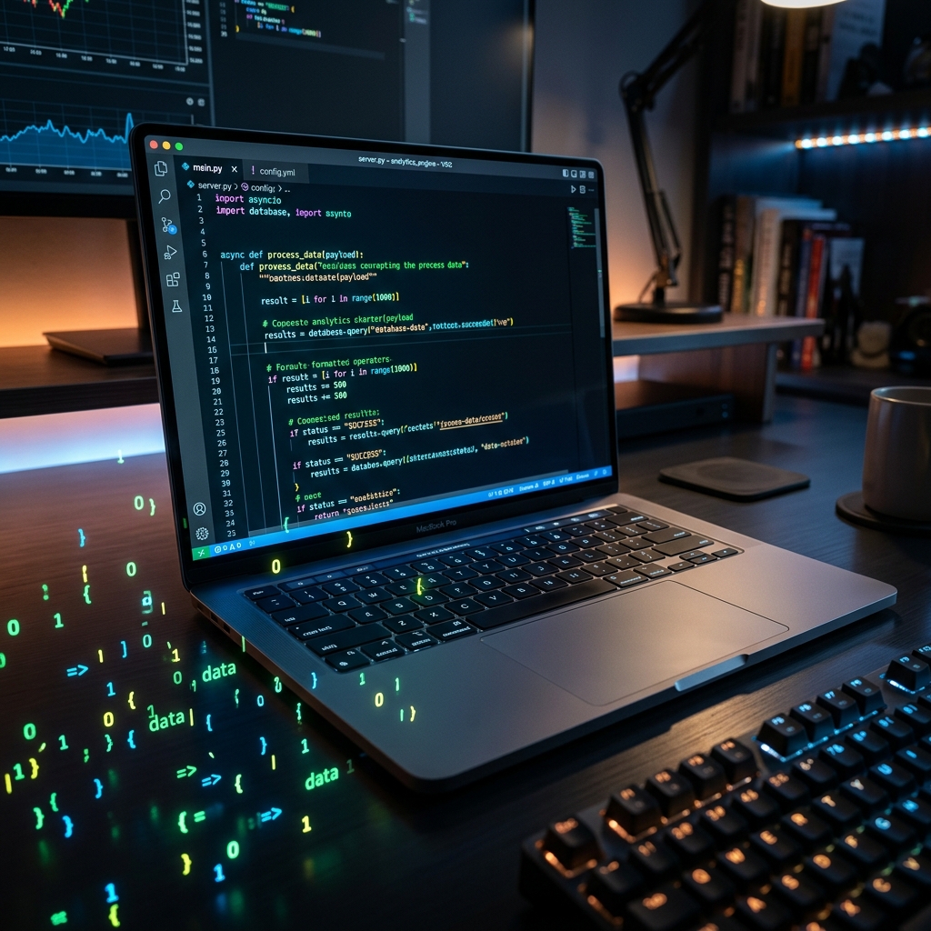 Código limpio y moderno en pantalla de laptop premium