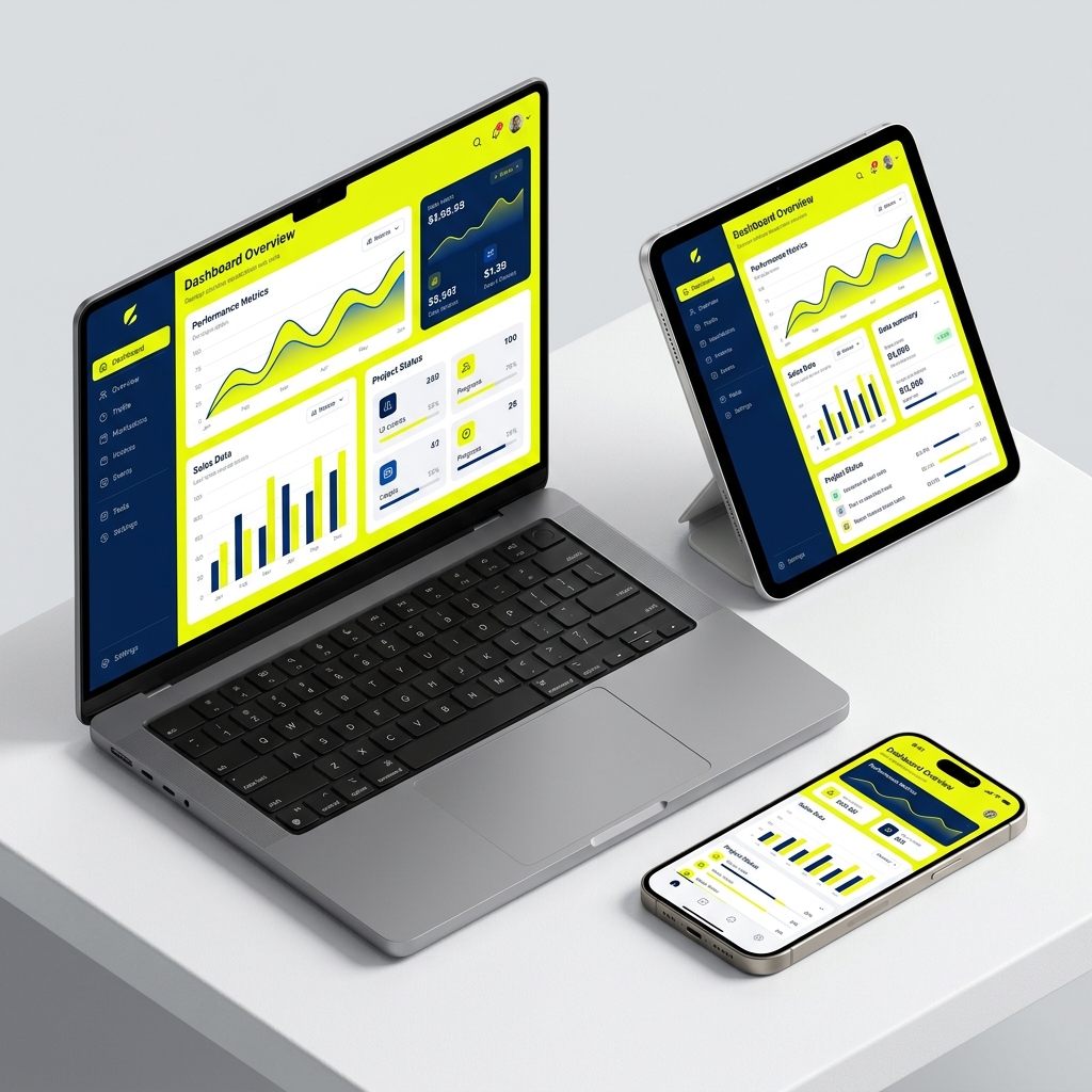 MacBook, iPad y iPhone mostrando diseño web moderno en UI limpia