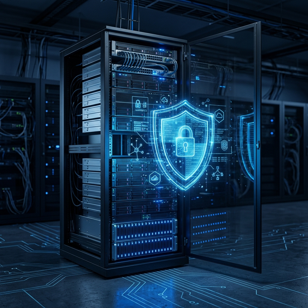 Rack de servidores con hologramas de escudo digital y seguridad en la nube